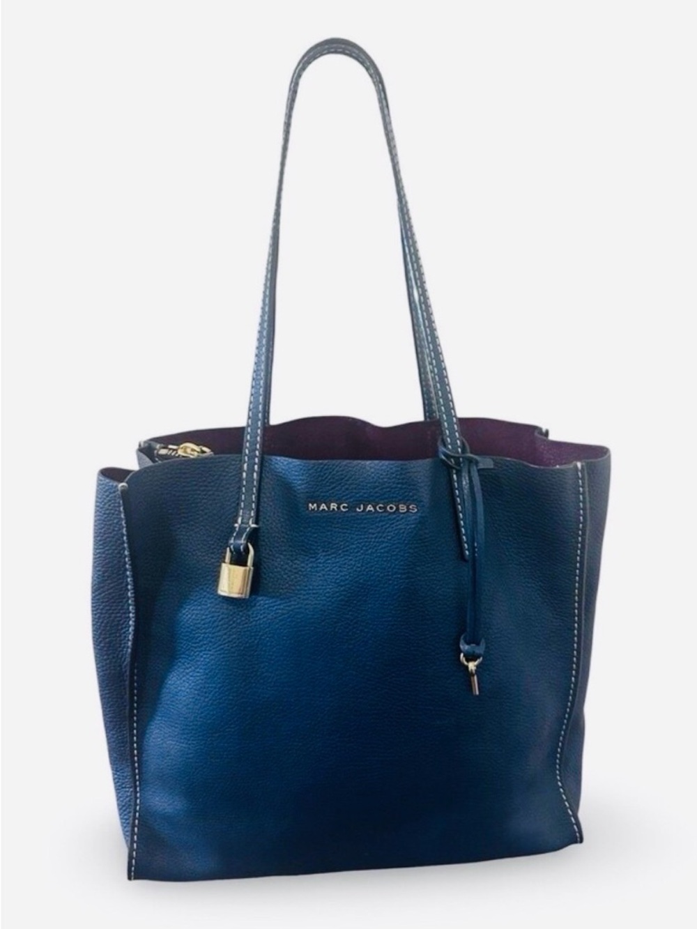 Marc Jacobs The Grind Tote Bag Pebbled Leather Blue Sea Divide Zip Pocket $395✨